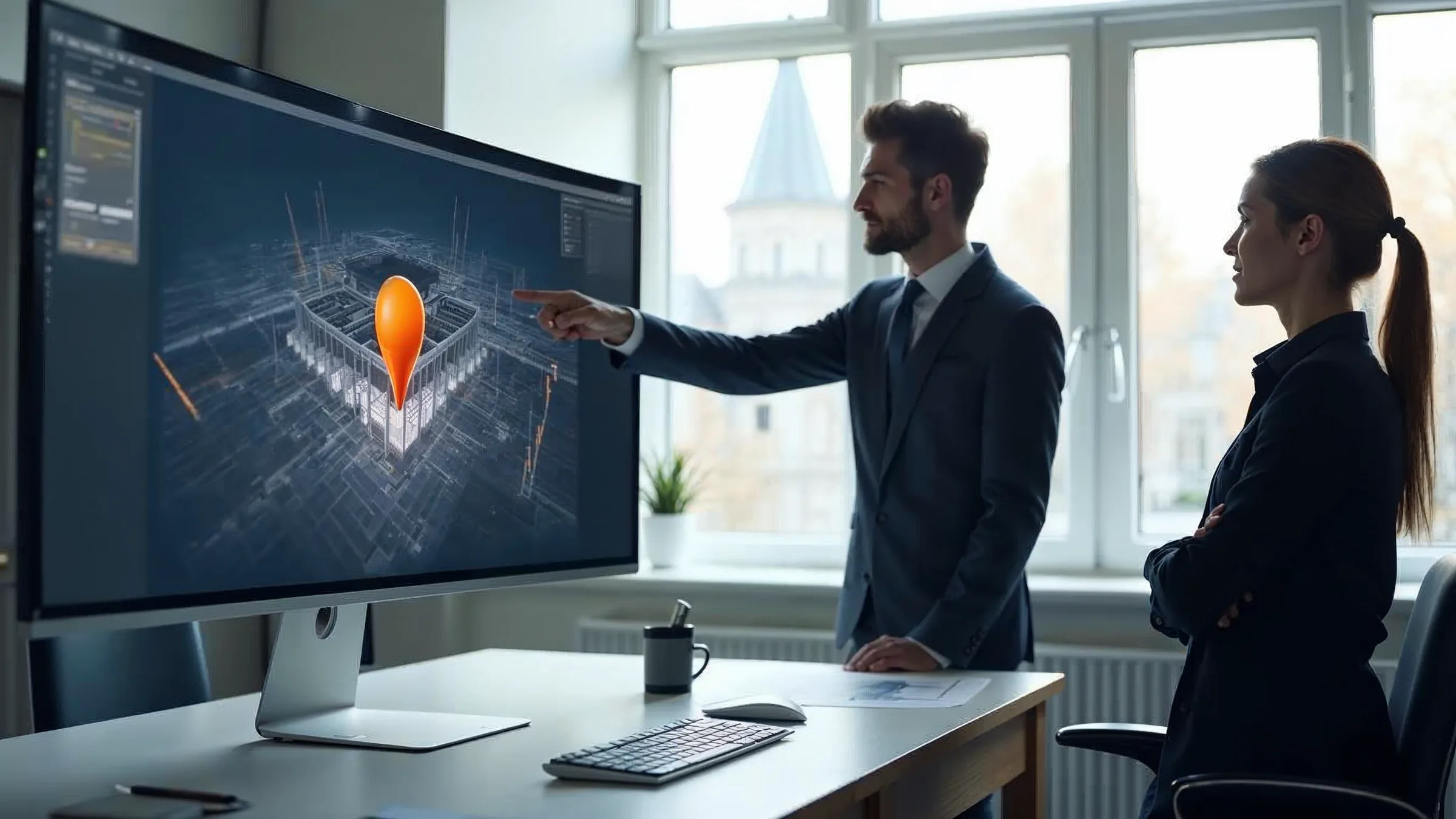 KI-erzeugtes Bild: Planer in einem hellen Büro zeigt auf einen Punkt in einem fotorealistischen 3D-Gebäudemodell auf einem großen Monitor, dunkelblaue Software-Oberfläche mit orangefarbenem Marker
