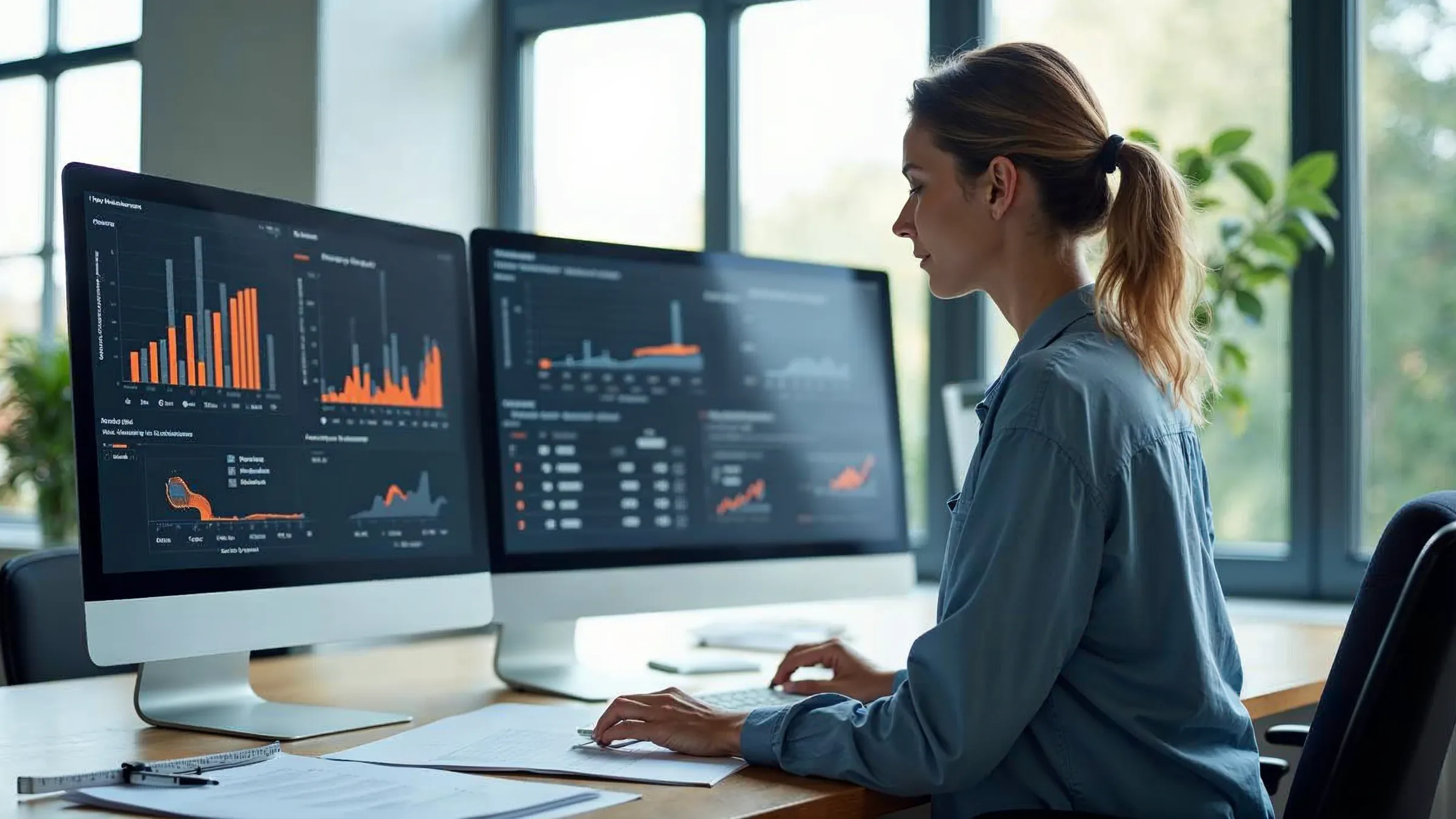 KI-erzeugtes Bild: Planerin in einem hellen Büro an zwei Monitoren mit Kostendiagrammen und einem Leistungsverzeichnis, eine gedruckte Ausschreibung liegt auf dem Tisch