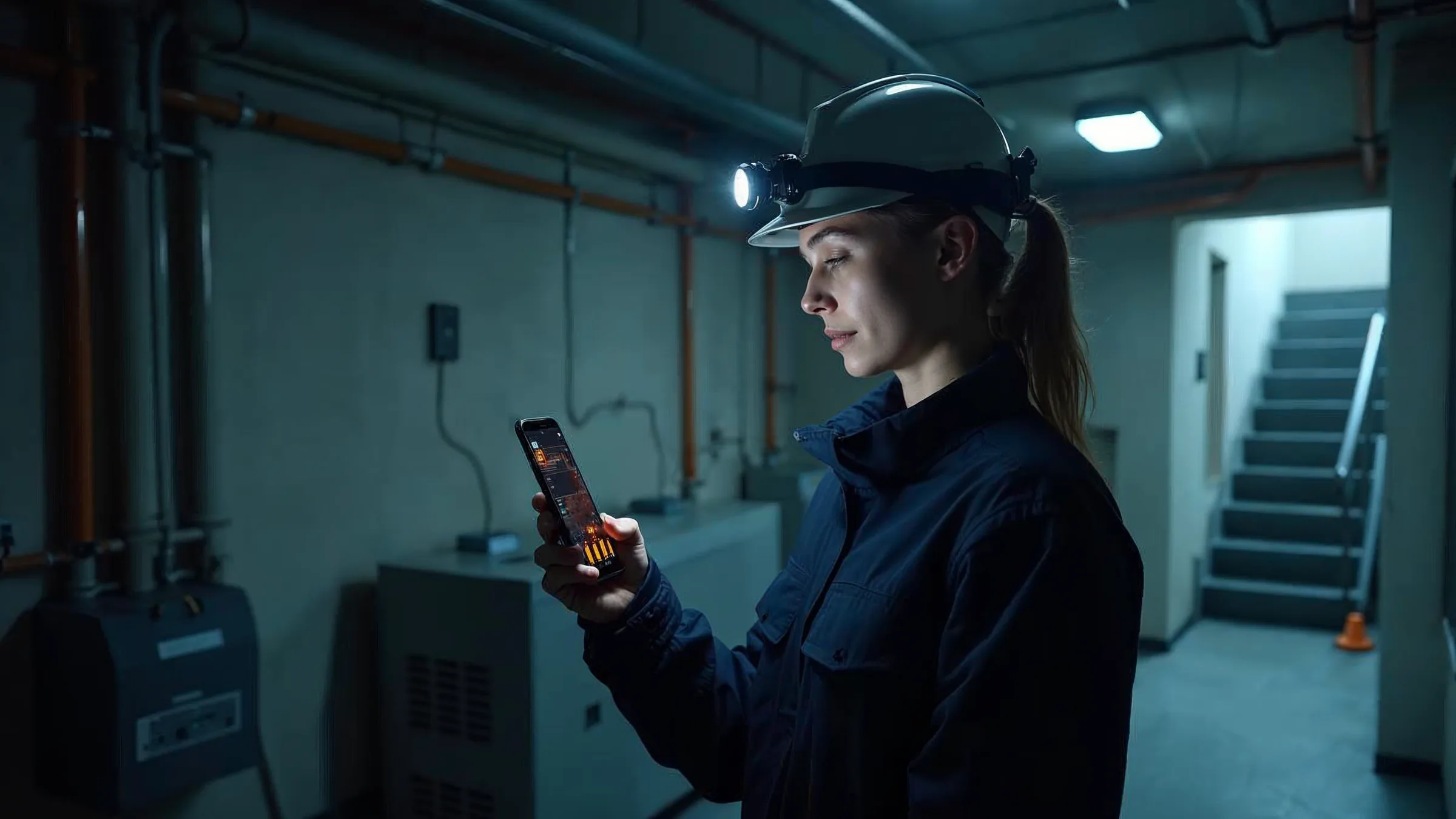 KI-erzeugtes Bild: Technikerin mit Stirnlampe in einem Technikraum zwischen Rohrleitungen, in der Hand ein Smartphone mit dunkler Software-Oberfläche und orangefarbener Offline-Markierung